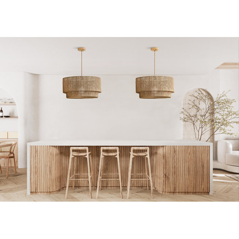 Luminous Rattan Pendant Light - Natural Drum 1-Light Polished Handwoven Dimmable Hanging Light For Kitchen Island, Kitchen, Dining Room, Living Room, Bedroom, Hallway or Covered Patio in Modern, Farmhouse & Boho Style