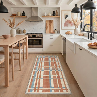 Platonix Geometric Machine Washable Beige / Orange / Blue Indoor Area Rug with Non-Slip Backing