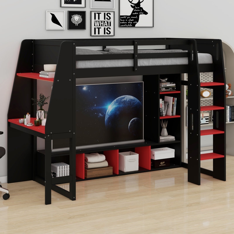 Lit mezzanine en bois avec bureau, étagères à rangement multiples, DEL et portemanteau suspendu, Lit simple