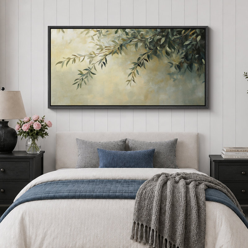 «Hanging Olive Branch Leaves», impression sur toile encadrée pour décor méditerranéen, Noir, H 30 po x l 60 po