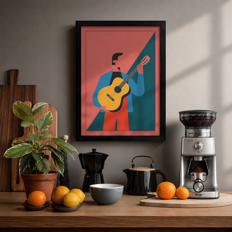 Figure with Guitar Mid-Century - Framed Print, Black, A4 - 29.7 x 21.0 cm