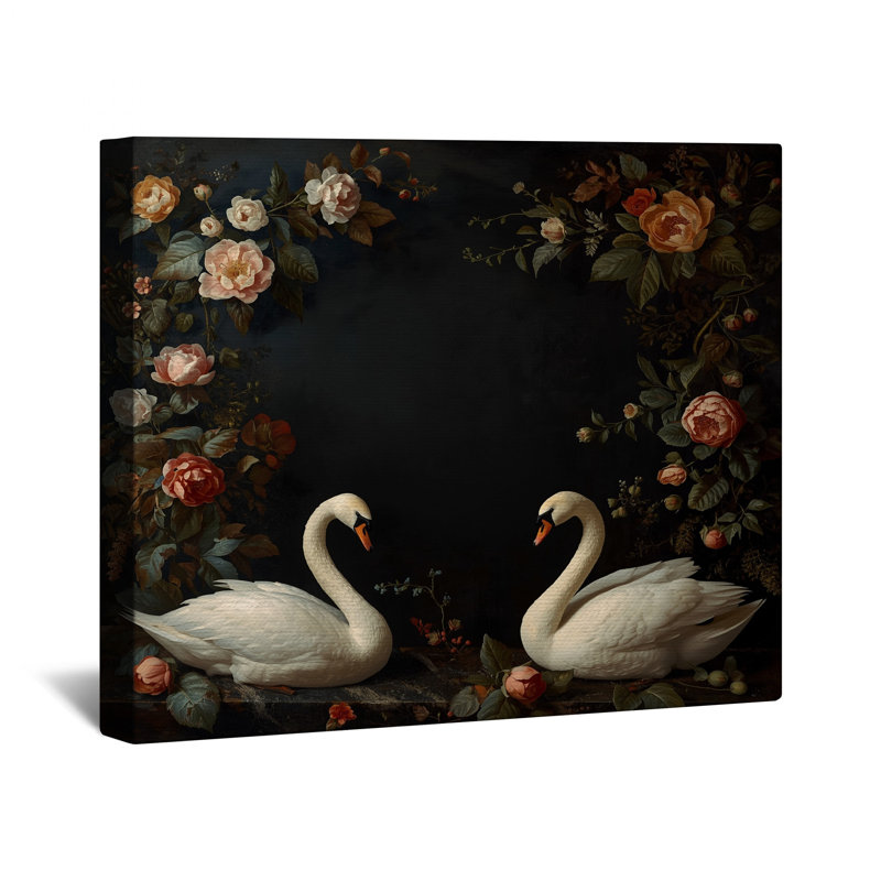 Toile tendue sur fond blanc avec cygnes blancs et roses, 16 x 16 pouces