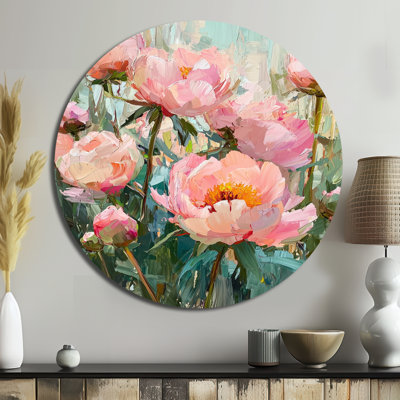 Keivin - pivoines, art mural rond en métal pour le salon
