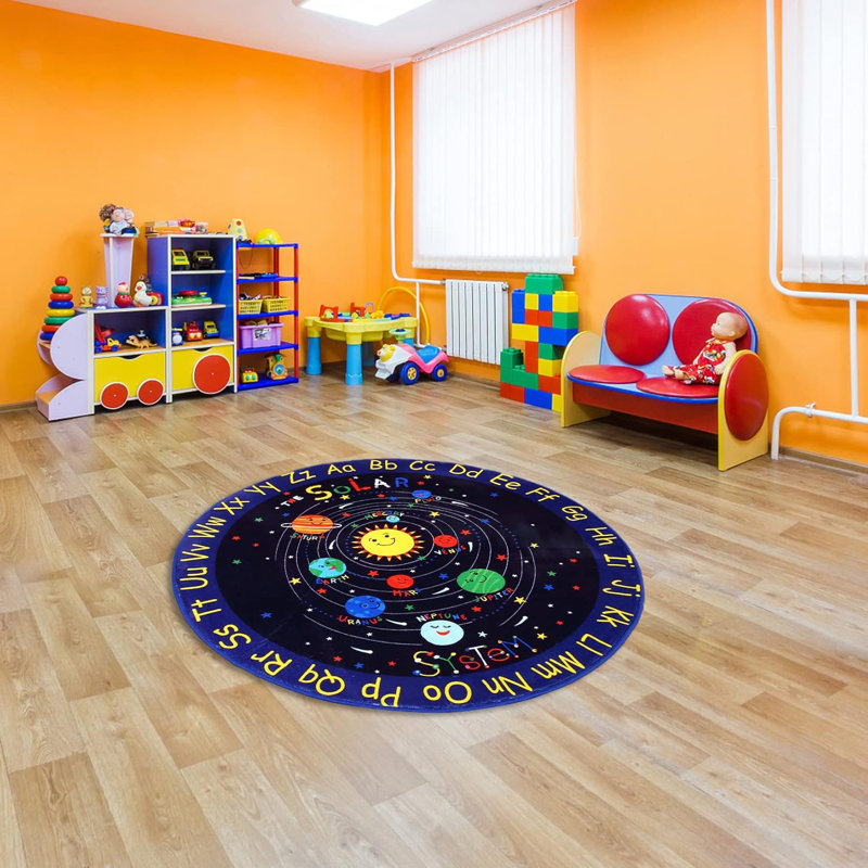 Tapis pour enfants, système solaire, alphabet ABC, tapis antidérapant, à poils courts, doux et éducatif pour la chambre à coucher, bleu.