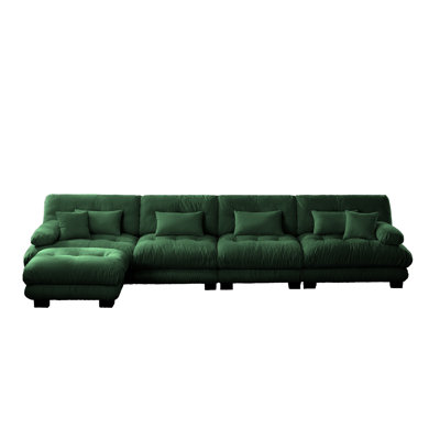 Emerald Green Chenille Modular Sectional Sofa, 4-Seater L-Shaped Cloud Couch with Convertible Ottoman