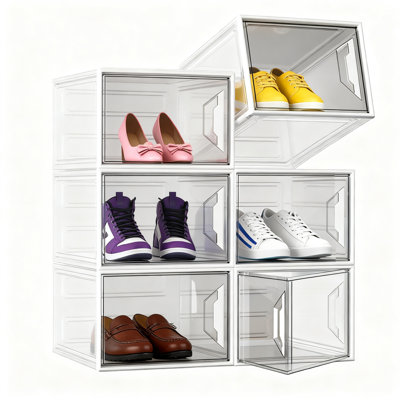 Shoe Storage Box With Magnetic Door, Stackable And Foldable, 6 Pack (White)