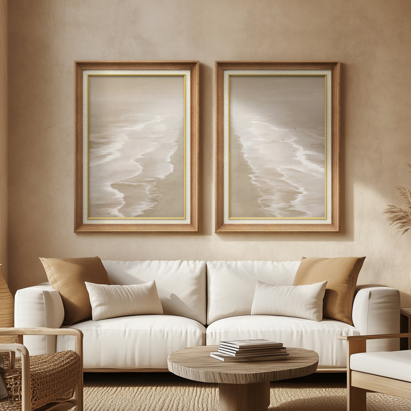 Sépia rivage vagues côtières minimalistes - ensemble de 2 reproductions d'art encadrées de qualité supérieure sur papier 26 po x 36 po