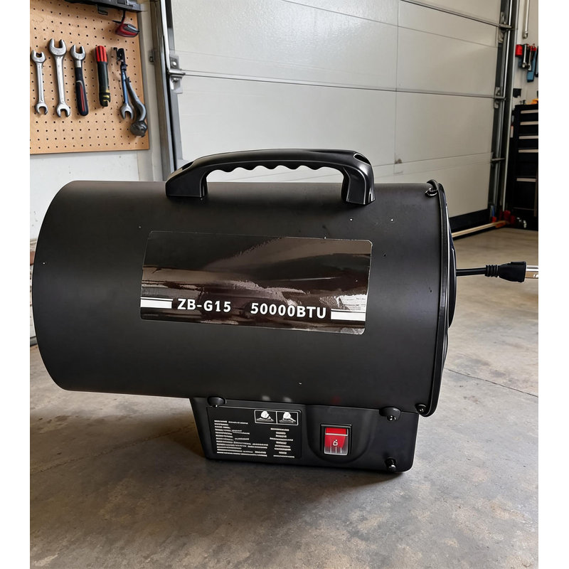 50,000 BTU Portable Propane Forced Air Heater, 10KW Garage & Jobsite Space Heater Tip-Over Protection, Black