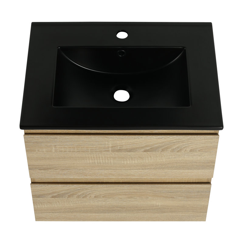 Armoire de salle de bain 24 po, vasque en céramique noire, 2 tiroirs à fermeture en douceur, chêne, meuble-lavabo moderne en contreplaqué, lavabo, pliante