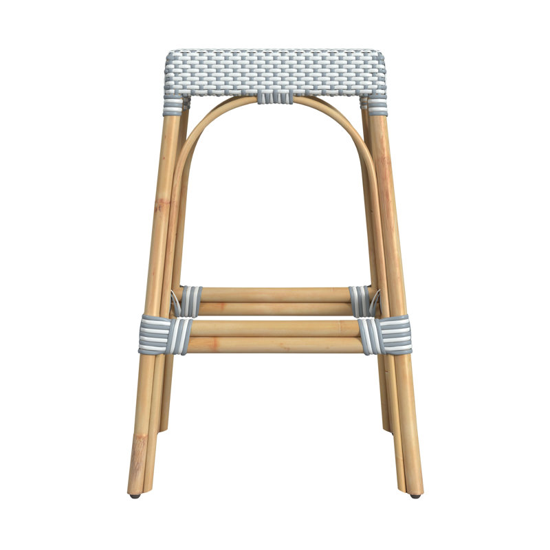 Tabouret de comptoir / de bar Lennart, Blanc / bleu ciel / cadre en rotin naturel