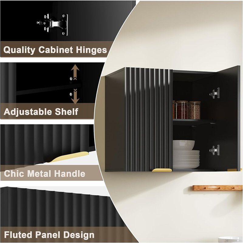 Armoire murale cannelée - rangement noir à 2 portes pour salle de bain, buanderie, garage