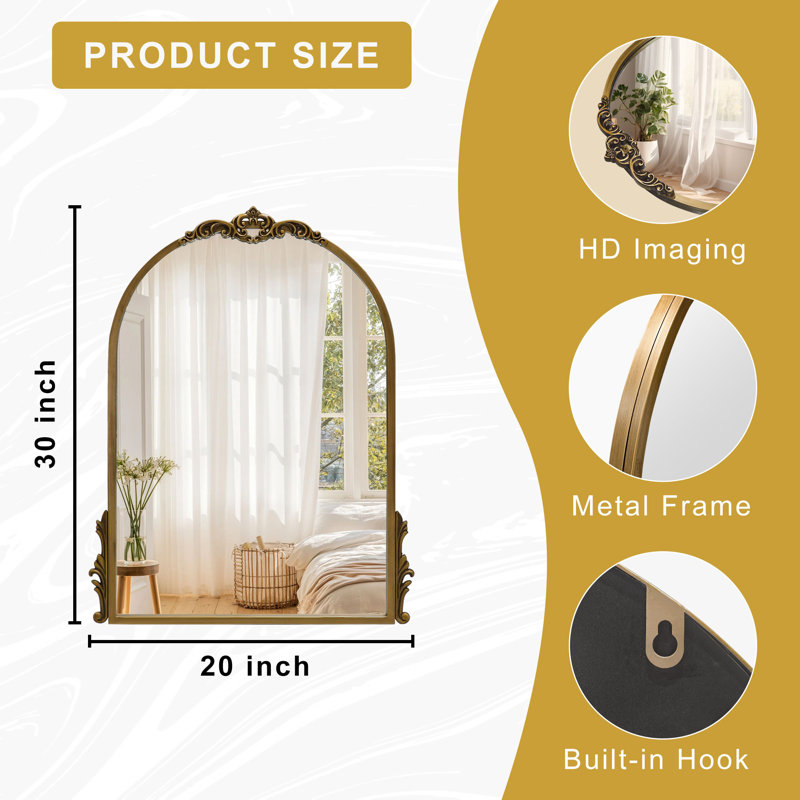 Antique Arched Crown Baroque Vanity Mirror, Antique Gold, 26" x 20"