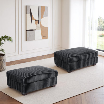 Upholstered Gray Faux Rabbit Fur Flannel Rectangle Ottoman, Modular Part For Sectional Sofa