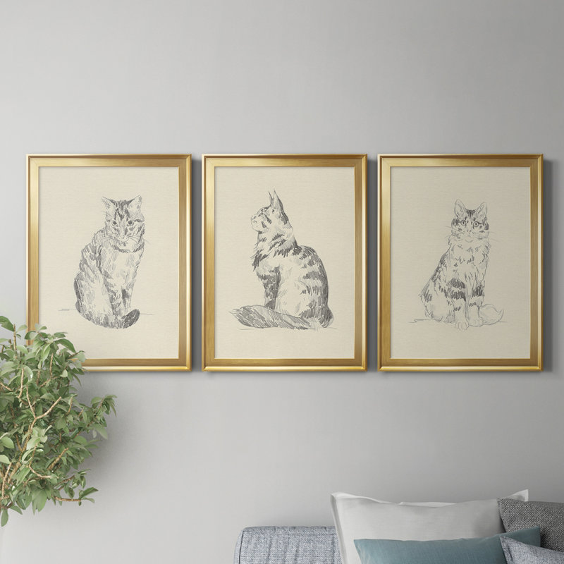 «House Cat I», reproduction encadrée de qualité supérieure - prête à être accrochée, H 24,5 po x l 55,5 po x P 1 po, Or