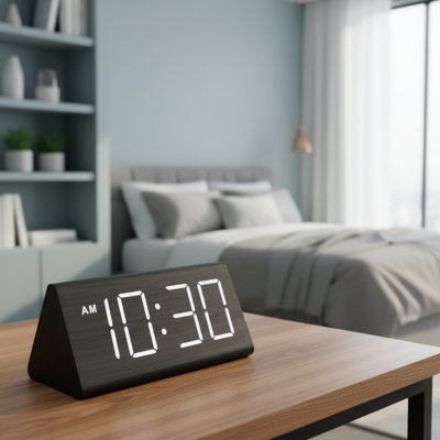 Black Wooden Digital Alarm Clock, USB Port, Volume & Brightness Adjustable For Heavy Sleepers