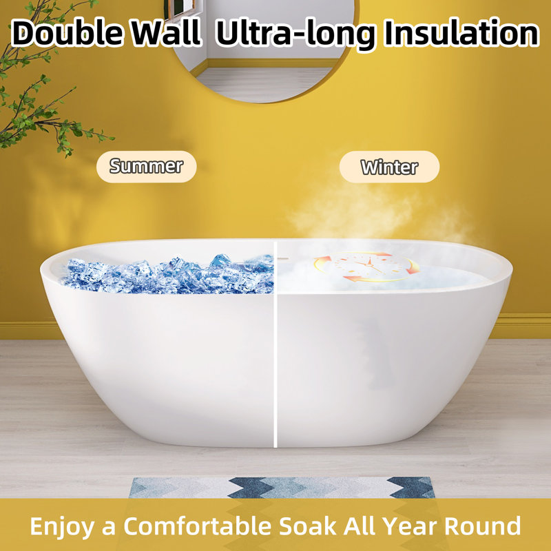 65 Inch Freestanding Soaking Acrylic Bathtub with Integrated Slotted Overflow and Chrome Anti-clogging Drain, Glossy White