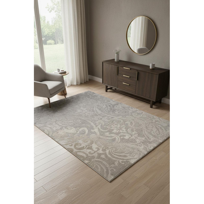 Tapis damassé gris et ivoire 4 pi x 6 pi