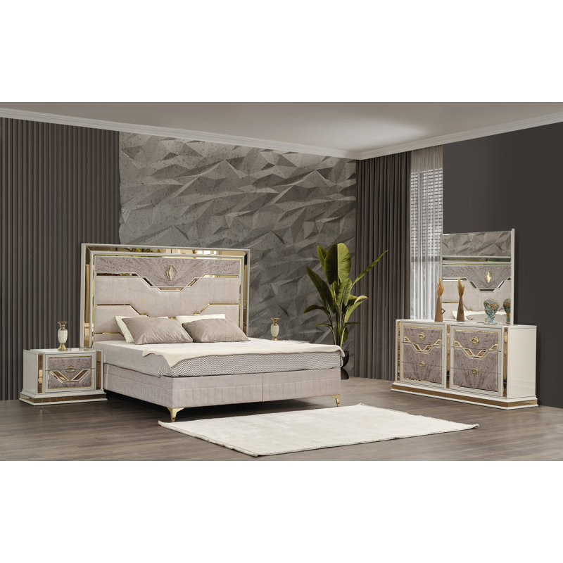 Ensemble de chambre à coucher 4 pièces Sharada, Très grand, 4 Pcs: Mirror, Bed, Dresser, Nightstand