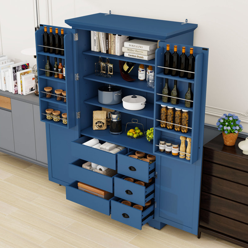 Armoire de cuisine 72 po Farmhouse Shaker avec tablettes réglables, 3 tiroirs et plateaux coulissants, Bleu