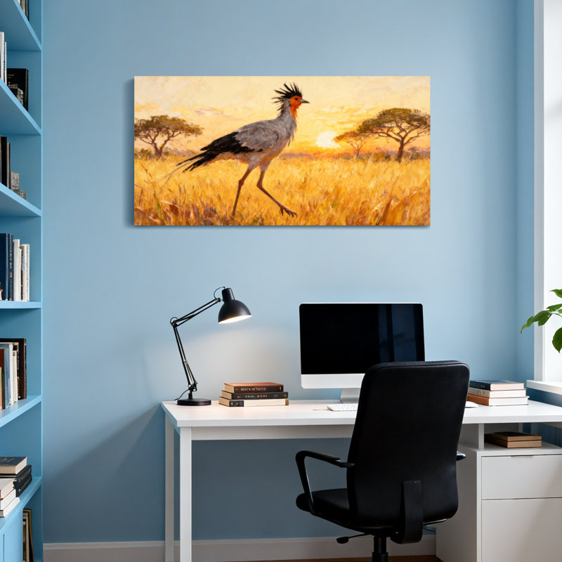 Animaux, coucher de soleil, savane, marche d'oiseaux, reproduction d'art, H 28 po x l 58 po
