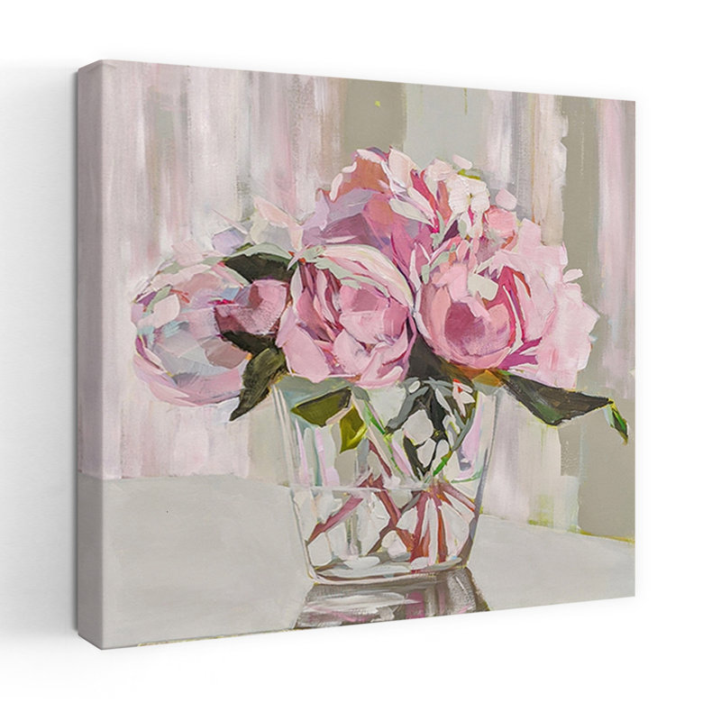 Art contemporain de pivoines abstraites avec fleurs roses, 48" H x 48" W