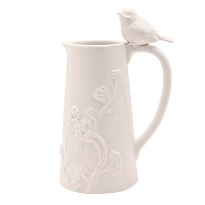  Tall White Floral Bird Jug