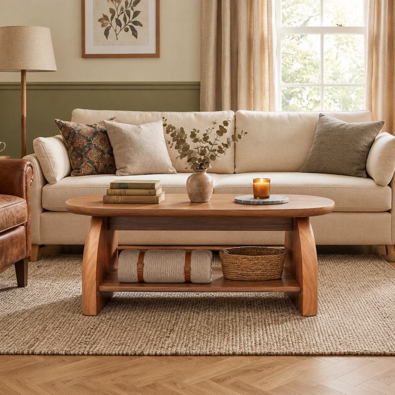 47" Modern Oval Brown Wood Coffee Table With double Legs for Living Room