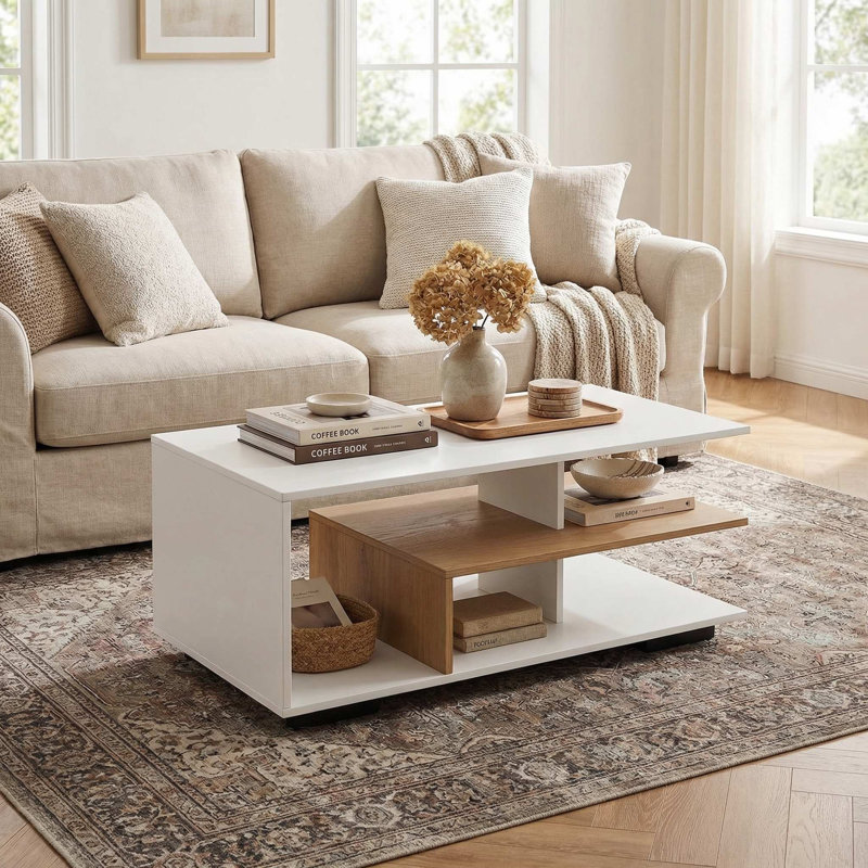 Table basse robuste et moderne avec tablette de rangement en L fonctionnelle