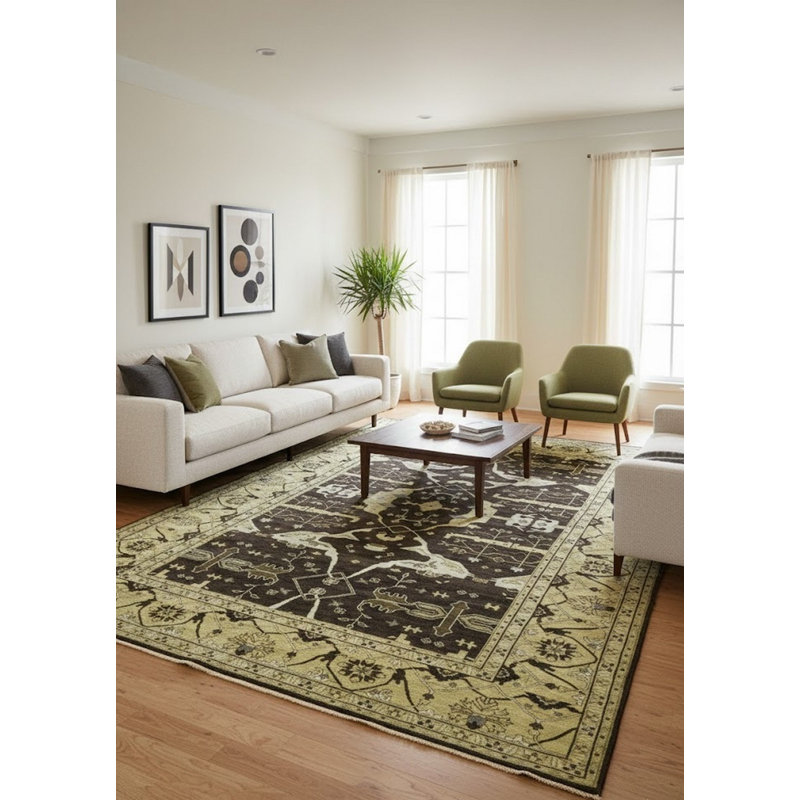 Tapis oriental noir / beige en laine noué à la main 11 pi 8 po x 17 pi 11 po Oriental