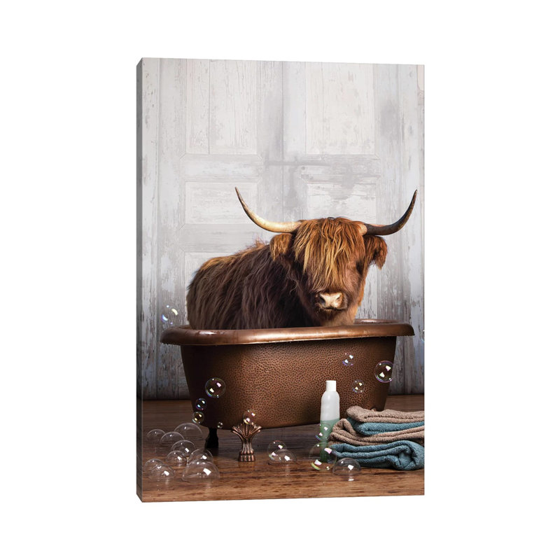 Highland Cow In The Tub by Domonique Brown - Print on Canvas, Wrapped Canvas, 20.32 cm H x 30.48 cm W