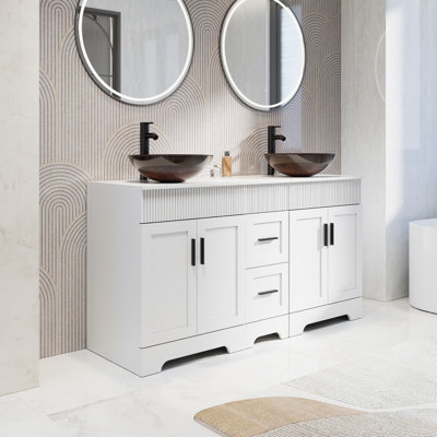Akron 60" Double Sink Bathroom Vanity Set With Manufactured Wood Top, Vessel Sinks, Faucets And Drains, Water-resistant Paint