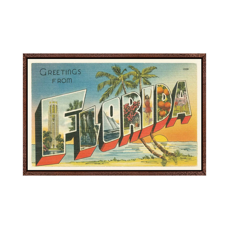 Greetings From Florida V2 - Print on Canvas, 66.04 cm H x 45.72 cm W, Classic Brown Wood Framed
