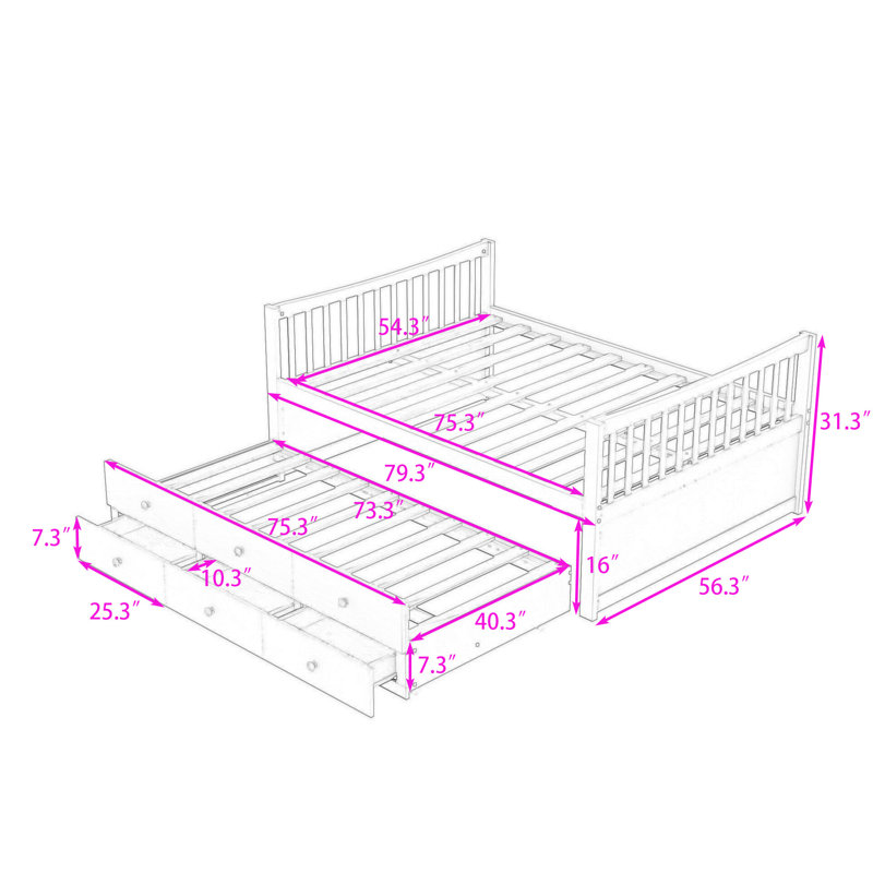 3 Drawers Full Wood Daybed with Twin Trundle, White