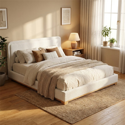 Structure de lit très grand, lit plateforme tapissier, tissu Boucle avec cadre en bois, aucun sommier requis, style minimaliste moderne