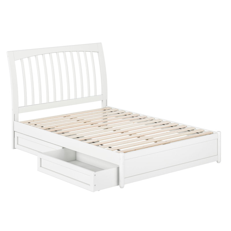 Lit plateforme Imarion avec pied de lit à panneau et tiroirs de rangement, Blanc, Double