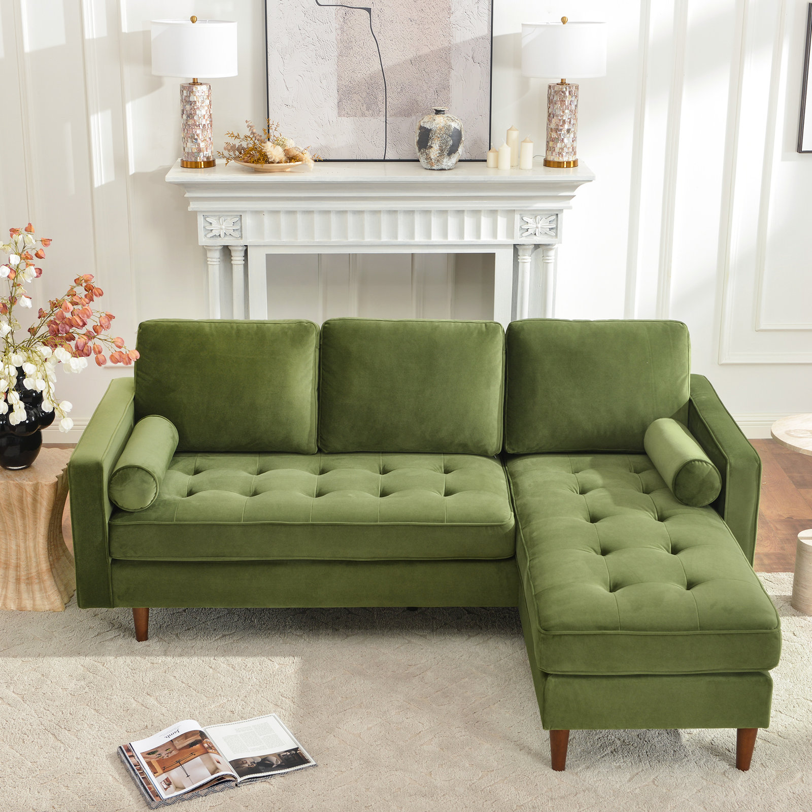 Geo Linen Reversible Sofa and Chaise, Olive Green Velvet