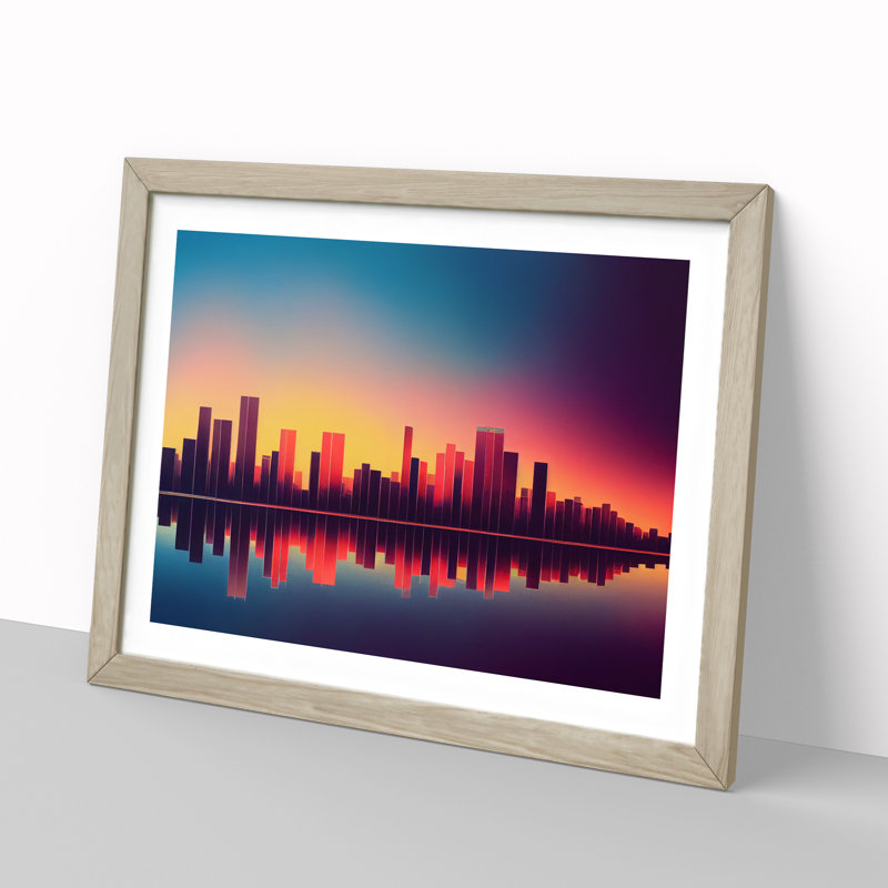 Vibrant Skyscraper Skyline - Framed Print, 34cm H x 46cm W x 2cm D, Oak