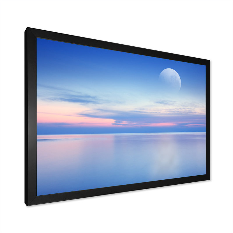 «Beautiful Moon Over Blue Sea IV», reproduction sur toile, Cadre d'angle fermé noir, H 16 po x l 32 po x P 1 po