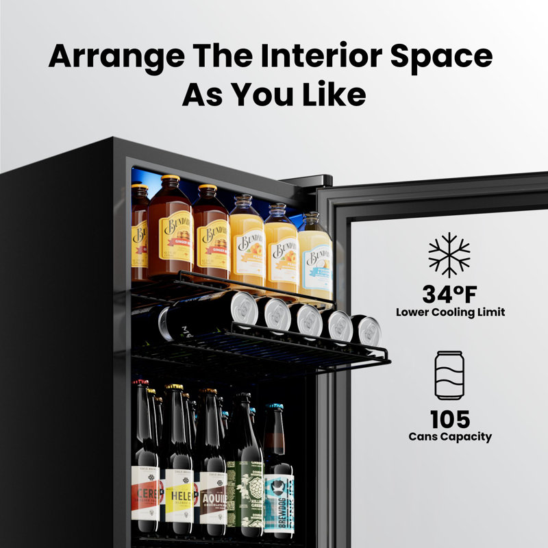 105-can Beverage Refrigerator, 3.1cu.ft Mini Fridge with Glass Door Freestanding Beverage Fridge with Adjustable Shelves for Soda Beer or Wine, Beverage Cooler with 34–54°F Digital Temperature Control for Home Office
