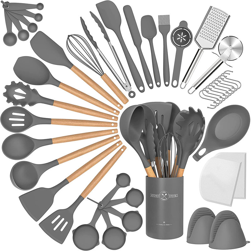 Ensemble d'ustensiles de cuisine 43 pièces avec poignées en bois de silicone, gris