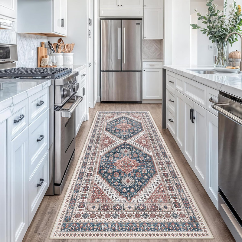 Medallion Non Slip Washable Rug(Red), Runner 3' x 8'