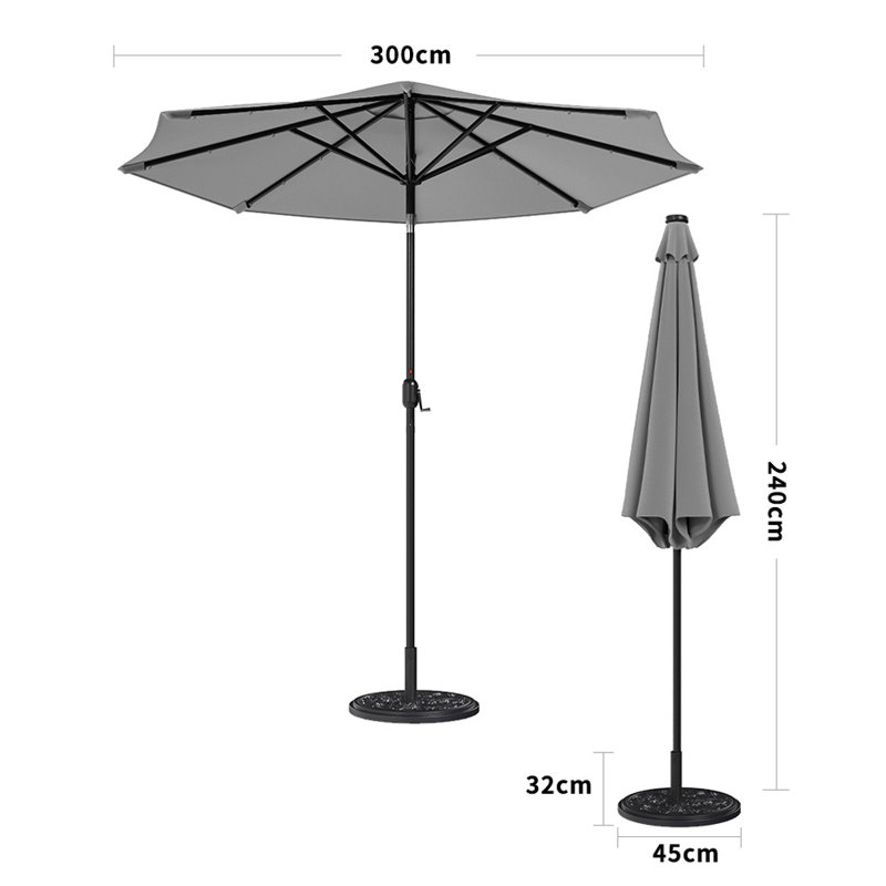 Aislynn 3m Traditional Parasol with LED Light, Light Grey