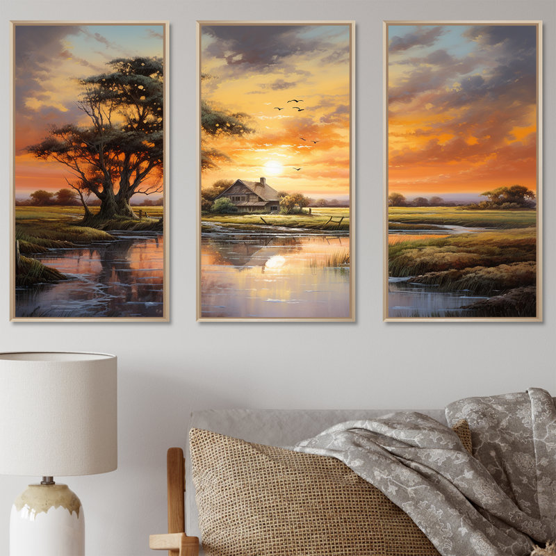 «Sunrise Autumn Country Panorama II - Sunrises Sunset», ensemble d'art mural, Cadre naturel flottant