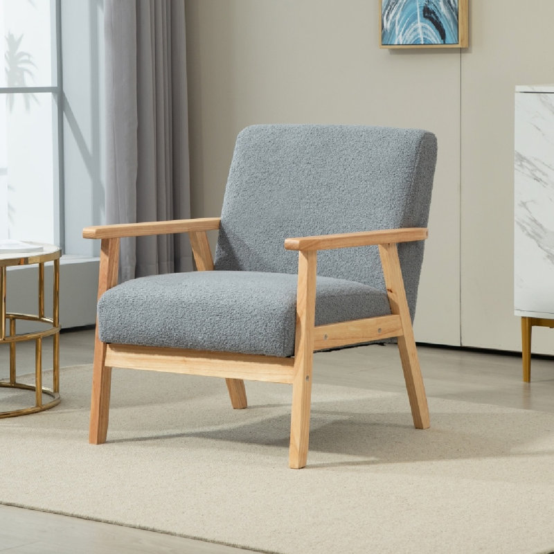 Accent Chair Wood Frame With Thick Linen Cushions Wide Seat Armchair Home Furniture Bedroom Office, Grey