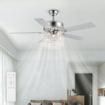52 Inch Glam Crystal Ceiling Fan with Lights and Remote, 6 Speeds Modern Crystal Chandelier