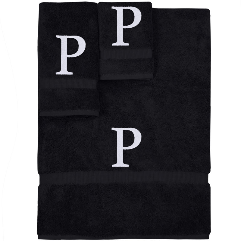 Ensemble de serviettes monogrammées - ensemble de 3 - lettre-bloc, Noir / blanc, P