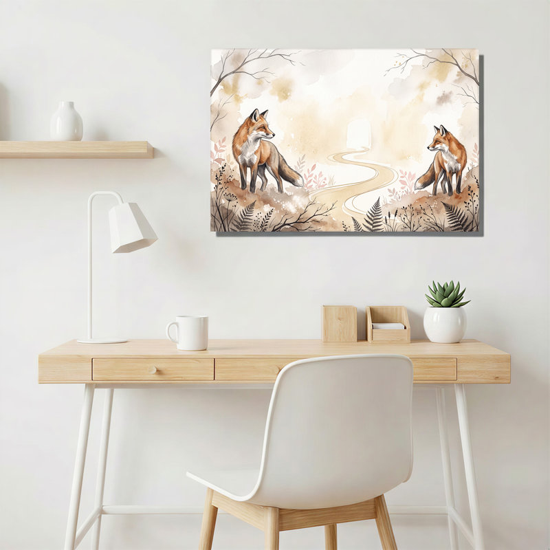 "Deux renards sur un chemin sinueux dans un aquarelle", H 32 po x l 48 po