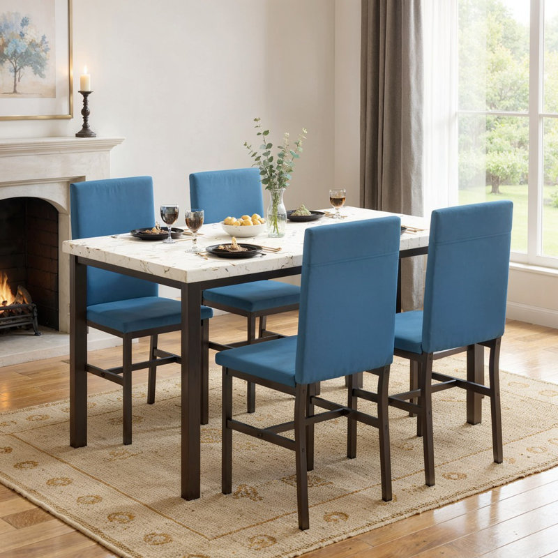 Faux Marble Dining Room Table And Chairs Set For 4, Blue/White