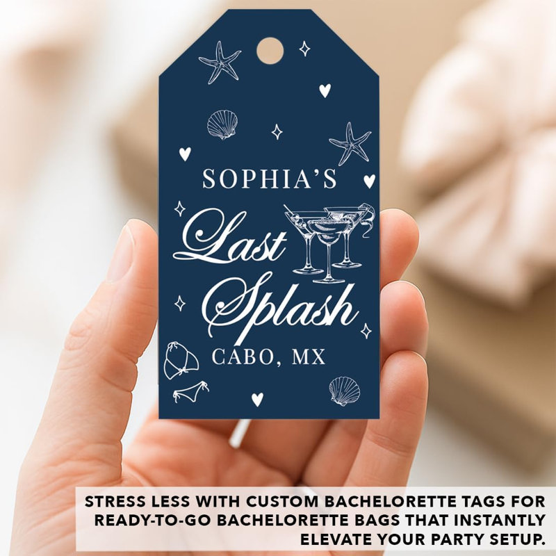 Étiquettes personnalisées personnalisées «Last Splash Favor», étiquettes de gueule de bois bleu marine Mermaid Beach Bachelorette, paquet de 20