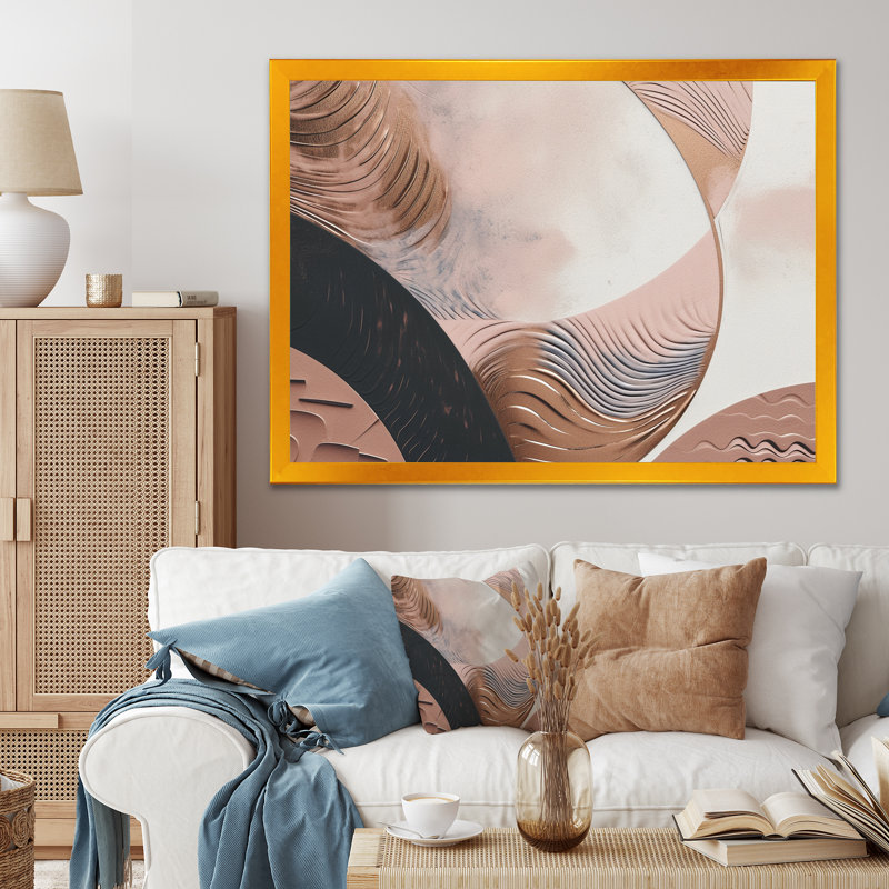 «Rosegold Half Circles Boho II», art mural abstrait sur toile, L 40 po x H 30 po, Encadrement doré